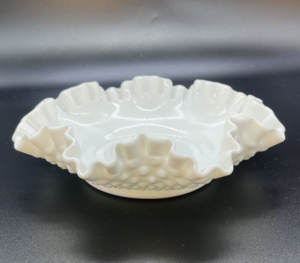 Vintage Fenton Milk Glass Hobnail Bowl with Ruffled Rim